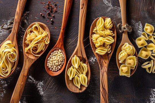Different pasta types in wooden spoons on the table. Top view. italian food. macaroni. culinary concept. mediterranean typical pasta. italian food concept with copy space.