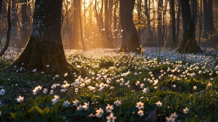 Wall Mural - Enchanting springtime scene with a stunning white carpet of wood anemone