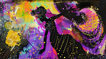 Wall Mural - model woman,dancing,a fluid graphical and fluid pattern, old printed magazine, black leather Brazilian goddess, iridescent extravagant dance scene, purple neons, yellows, blacks,glitter environment