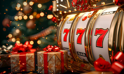 A golden slot machine with triple sevens is shown against a background of a Christmas tree with lights