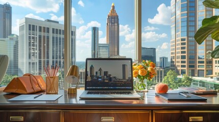 Wall Mural - Hotlanta Haven Desk: An urban desk with a skyline view of Atlanta, Georgia, adorned with peach-themed accessories, reflecting the vibrant energy of this Southern metropolis