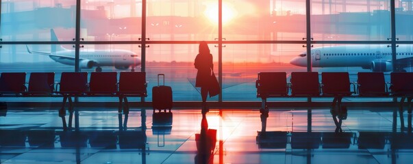 A woman with a suitcase gazes out the large windows of an airport at a stunning sunset. This image embodies the excitement and anticipation of travel. Free copy space for text.