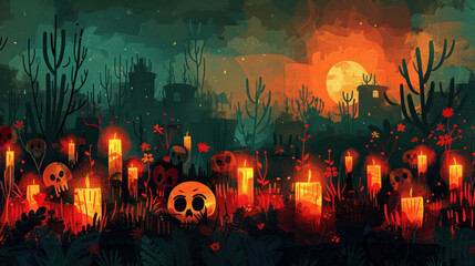 Wall Mural - minimalist scene with the soft, glowing effect of candles against a dark, moody backdrop, evoking the solemn yet celebratory atmosphere of the Day of the Dead