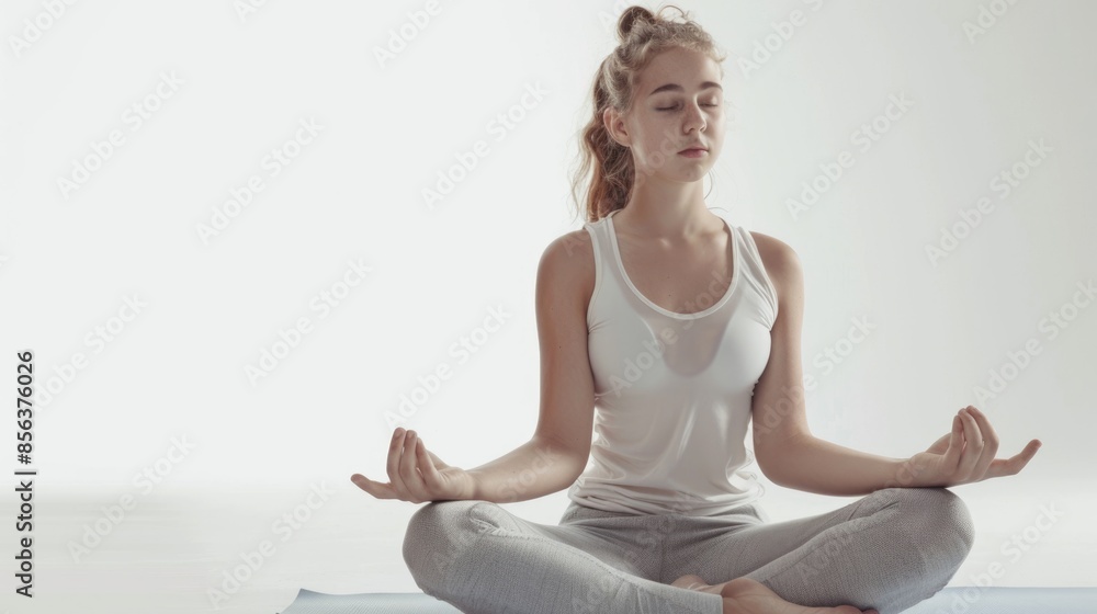 Young woman practices yoga in lotus pose on white background. Stock ...