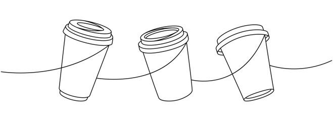 Wall Mural - Coffee takeaway cups one line continuous drawing. Hand drawn elements for cafe menu, coffee shop. Vector linear illustration.