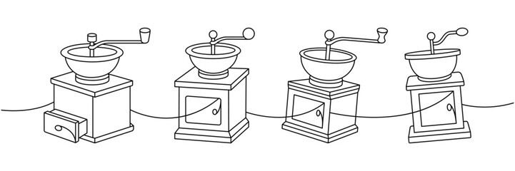 Wall Mural - Coffee grinders one line continuous drawing. Hand drawn elements for cafe menu, coffee shop. Vector linear illustration.