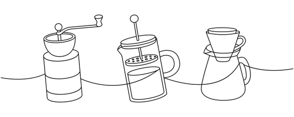 Wall Mural - Coffee set one line continuous drawing. Small grinder, French press, coffee maker with paper filter continuous one line illustration.