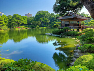 Poster - A pond with a small house in the middle of it. The pond is surrounded by trees and bushes