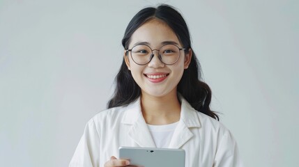 Wall Mural - Smiling Asian woman in glasses holding digital tablet.