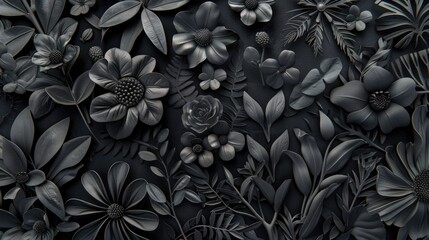 Design of a black botany element garden with antique beauty in the art of flower and leaf icons