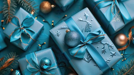 Wall Mural - Christmas gifts wrapped in blue craft paper with ribbons and ornaments