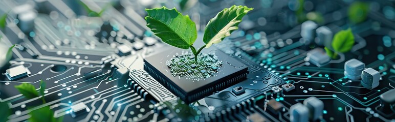 Wall Mural - Tree growing on the converging point of computer circuit board. Green computing, technology, IT, CSR, and IT ethics. Environment technology. AI generated illustration