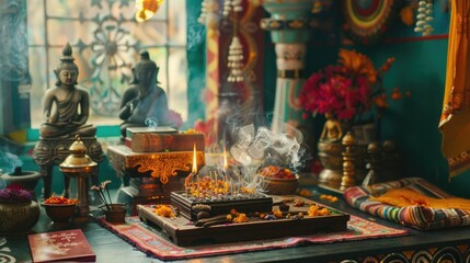 Sticker - Indian Spiritual Sanctuary: A traditional desk set amidst burning incense and colorful decorations, including a meditation cushion