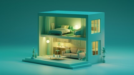 Wall Mural - A light blue-green two-storey cottage, night, warm white bright light atmosphere, living room, bedroom, kitchen, isometric view, 3D, rich detail, solid color background 