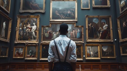 In an old museum art gallery, a woman looks at renaissance style paintings