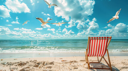 Seagulls soaring in the summer blue sky above a striped beach chair