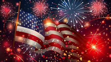 Wall Mural - Patriotic American flag with brilliant fireworks for Independence Day 32k UHD,