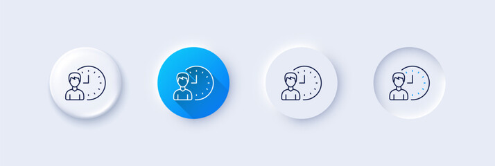 Wall Mural - Business project deadline line icon. Neumorphic, Blue gradient, 3d pin buttons. Working hours or Time management sign. Line icons. Neumorphic buttons with outline signs. Vector
