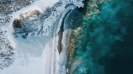 Wall Mural - An aerial perspective of a frozen snowy cliff meeting the azure waters of the ocean, showcasing the beauty of this natural geological phenomenon AIG50