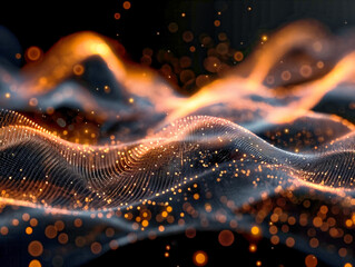 the image is a blurry, abstract representation of a wave with a lot of glowing dots. scene is one of