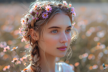 Wall Mural - A braided hairstyle adorned with flowers, emphasizing bohemian beauty trends. Concept of natural and creative hairstyling. Generative Ai.