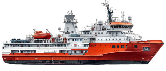 Red and white research vessel at sea png isolated on transparent background