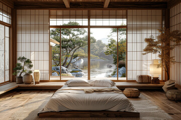 Wall Mural - A bedroom with sliding shoji screens, a platform bed, and natural textures, creating a peaceful retreat. Concept of Japandi-inspired sleep environment. Generative Ai.