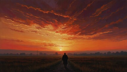 Wall Mural - silhouette of a person in a field at sunset