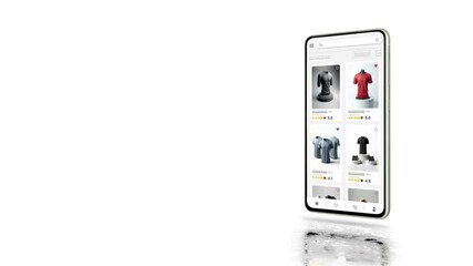 Wall Mural - Online marketplace application and website animation. E-commerce and shopping for clothes products. Marketing, commerce and t-shirt sales home page.