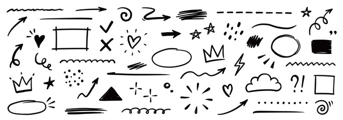 Aufkleber - Line shape marker underline, arrow, heart brush element set. Hand drawn sketch marker underline shape, arrow, heart scribble brush pen stroke element. Crown, love graphic icon. Vector illustration