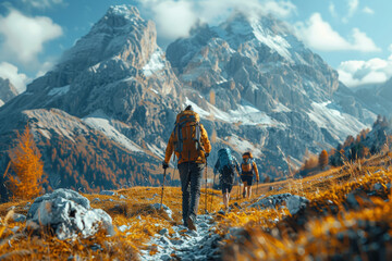 Wall Mural - A group of friends hiking in the mountains, showcasing social activities and fitness. Concept of community and outdoor fitness. Generative Ai.