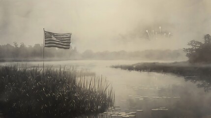 Wall Mural - Silver mist morning, 'Happy 4th of July' in large print, minimal fireworks, and a semi-visible flag