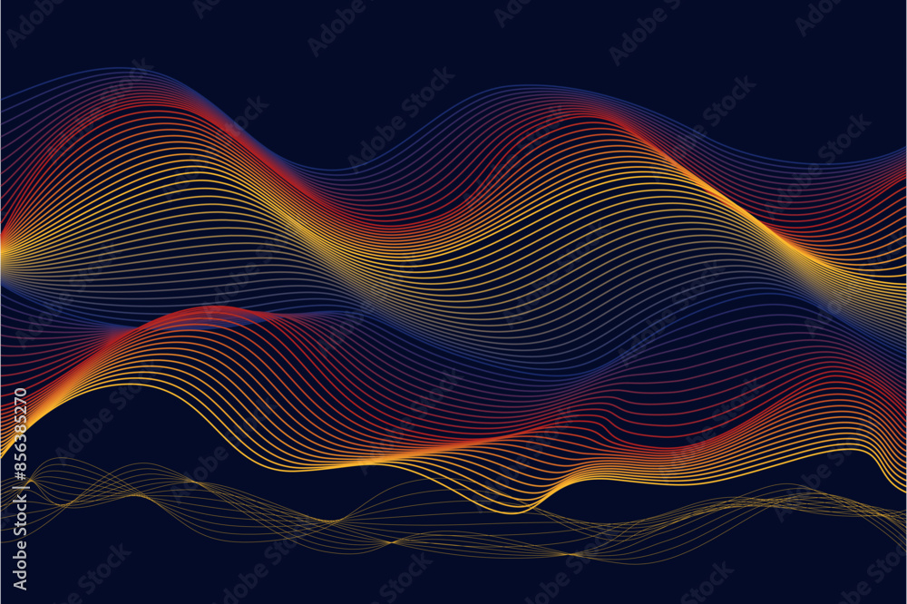 Bright neon waves on a dark background, technology background, elegant golden flow