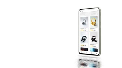 Wall Mural - Online marketplace application and website animation. E-commerce and shopping for technological products. Marketing, commerce and headphone sales home page.