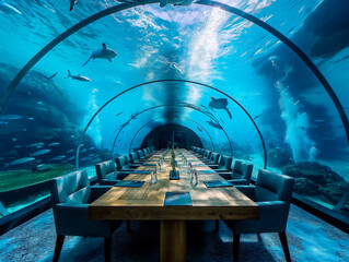 Wall Mural - A long dining table with chairs and a view of sharks in the background. The table is set for a large gathering of people