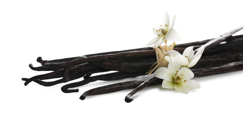 Wall Mural - Vanilla pods and flowers isolated on white