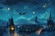 © Sladjana - An illustration of Peter Pan flying over the rooftops of London, with Big Ben in the background and a starry night sky
