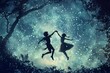 © Sladjana - Peter Pan and Wendy dancing in the air above Neverland, with pixie dust sparkling around them