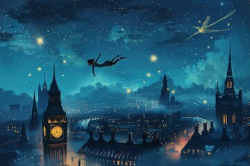 An illustration of Peter Pan flying over the rooftops of London, with Big Ben in the background and a starry night sky 