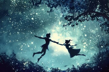 Peter Pan and Wendy dancing in the air above Neverland, with pixie dust sparkling around them 