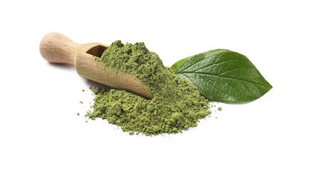 Sticker - Pile of green matcha powder, scoop and leaf isolated on white