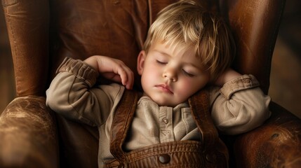 Wall Mural - Little Boy Sleeping On Brown Leather Chair