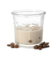 Wall Mural - Glass of coffee cream liqueur with ice cubes and beans isolated on white