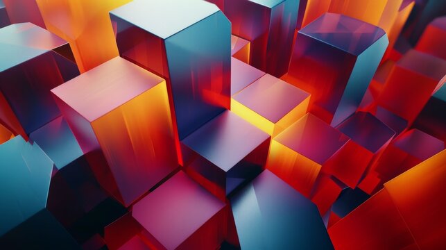 3D render of an abstract composition made of geometrical and sequential hexagonal prism 3D shapes