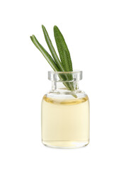 Wall Mural - Bottle with essential oil and rosemary isolated on white