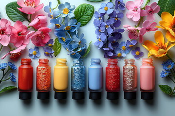 Wall Mural - A variety of spring-themed nail polishes in bright and pastel colors. Concept of seasonal beauty and personal expression. Generative Ai.