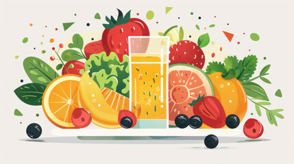 Wall Mural - Vibrant illustration featuring a glass of juice surrounded by a variety of fresh fruits, highlighting health and freshness.