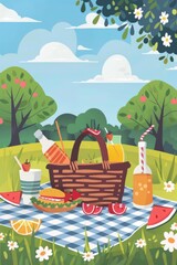 Wall Mural - Flat design of food drinks and picnic basket on blanket on grass at summer park ,vector ,illustration 