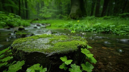 Sticker - Lush green forest with moss-covered rock and flowing stream