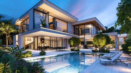 Wall Mural - Modern luxury home with pool and garden at blue hour, generative ai